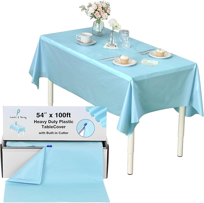Craft And Party, 54 in x 100 feet Plastic Table Cover Roll for Party, Banquet, Picnic, Kids Activities for Any Size and Shape Table (Aqua, 54" x 100ft)