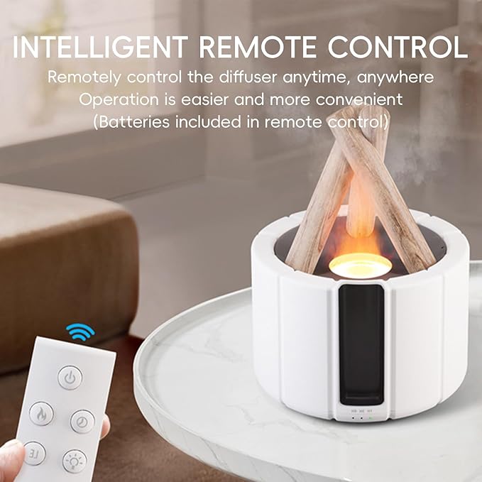 Campfire Flame Fire Diffuser, Bonfire Aromatherapy Essential Oil Diffuser, 250ml Wood Cool Mist Humidifier for Home,Bedroom,Office, Remote Control, Auto Shut-Off, Night Light, Gift (White)