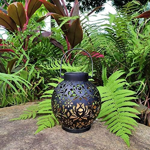 2 Pack Outdoor Solar Hanging Lantern Lights Metal LED Decorative Lamp for Garden Patio Courtyard Lawn and Table with Hollowed-Out Design (Black)
