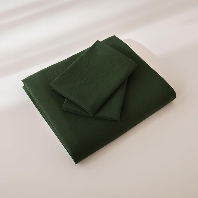 JIYUAN 100% Washed Cotton Duvet Cover Set 3 Pieces Full, 1 Duvet Cover 80x90 Inches(Comforter Not Included) and 2 Pillowcases,Linen Feel Bedding Set Comfy and Breathable,Forest Green