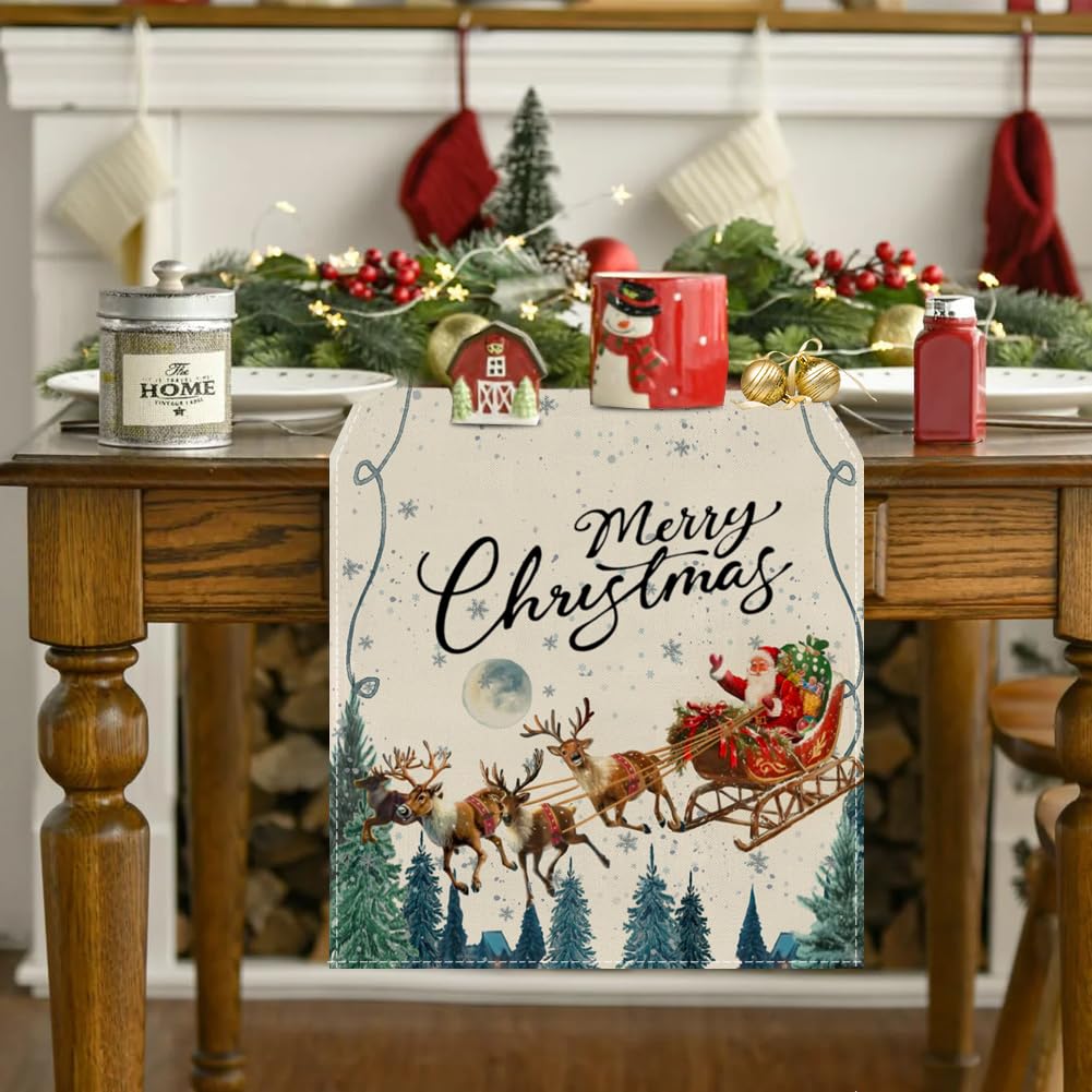RABUSOFA Merry Christmas Table Runner 13 x 72 Inch, Santa Claus Sleigh Reindeer Seasonal Winter Xmas Holiday Kitchen Dining Table Decoration for Indoor Outdoor Home Party Decor Blue