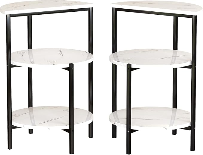 AWQM Marble End Table, 3-Tier Sofa Side Table, Small Round Bedside Table, Corner Table w/Metal Frame for Living Room Bedroom, White+Black