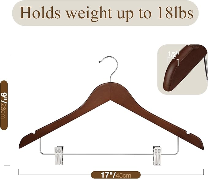 Wooden Hangers with Clips 24 Pack Wooden Pants Hangers,Skirt Hangers with Clips,Adjustable Heavy Duty Clip Hangers,Hangers for Pants,Jeans,Slacks,Shorts (Walunt)