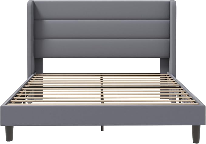 SHA CERLIN Full Size Velvet Bed Frame/Vertical Channel Tufted Wingback Headboard/Upholstered Platform Bed with Wooden Slats/Mattress Foundation/No Box Spring Needed/Easy Assembly/Grey