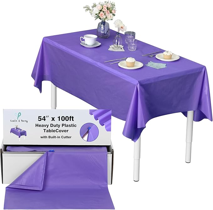 Craft And Party, 54 in x 100 feet Plastic Table Cover Roll for Party, Banquet, Picnic, Kids Activities for Any Size and Shape Table (Purple, 54" x 100ft)