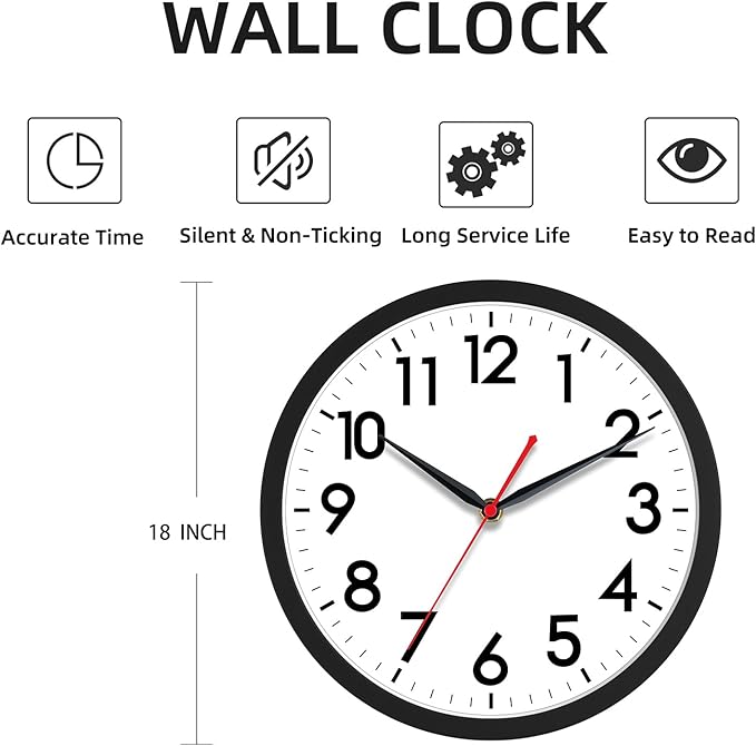 AKCISOT 18 Inch Wall Clock Large Silent Non-Ticking Wall Clocks Battery Operated - Analog Classic Clock Decorative for Living Room, Office, Home, School(Black)