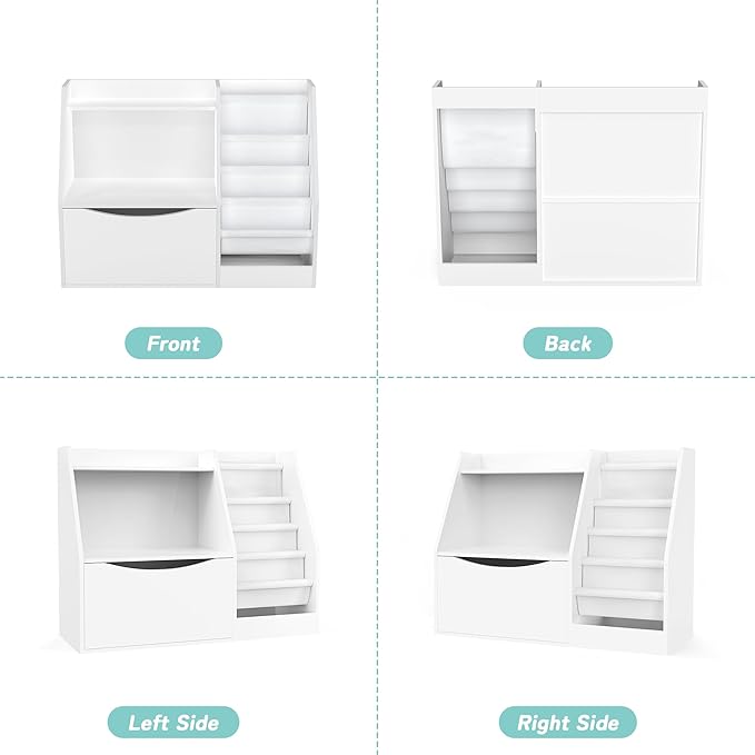 TOETOL 2 Tier Kids Bookshelf and Book Storage,4 Sling Toddler Bookshelf, Storage Boxes Book Shelf & Organizer for Nursery Playroom Classroom Library Bedroom White