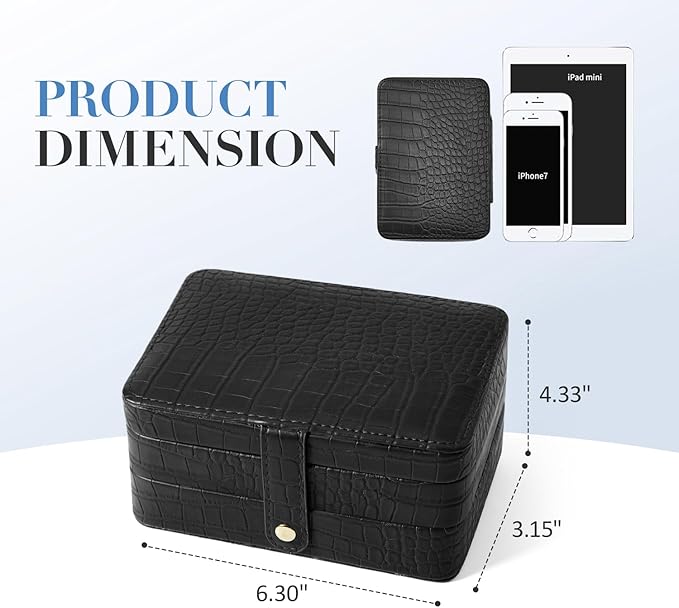 PU Leather Small Jewelry Box for Women Girls, Double Layers Travel Portable Jewelry Case for Ring, Pendant, Earring, Necklace, Bracelet Organizer Storage Holder Boxes, Black