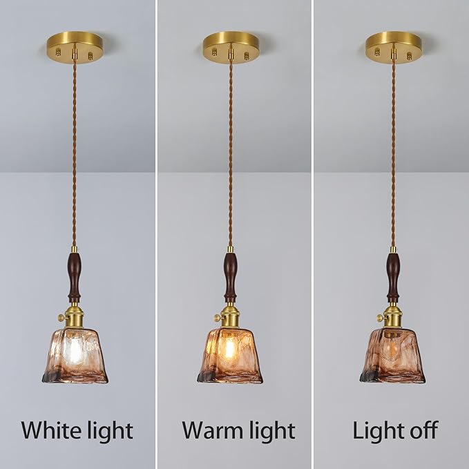 Brown Glass Vintage Pendant Light 4.33" Handmade Glass Pendant Lights Kitchen Island Gold Hanging Light Fixture for Bedroom Dining Room Hotel (2 Pack)