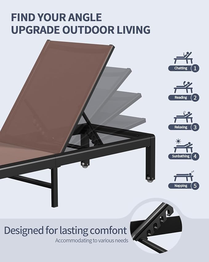 Aluminum Lounge Chairs Outdoor Chaise Furniture,2 Sets Patio Metal Deck Lounger Adjustable 5-Position Poolside Chase Recliner with Wheels for Beach,Coffee Table, (Brown, 1 Chair)