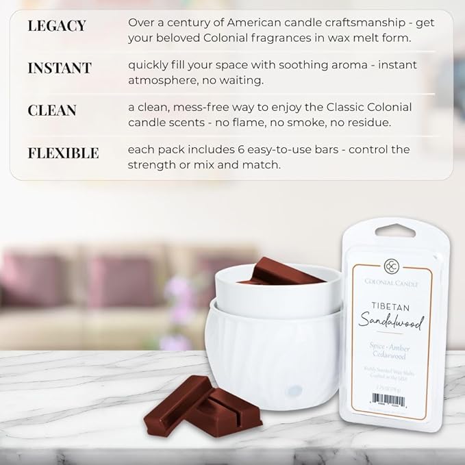 Colonial Candle Tibetan Sandalwood Scented Wax Melts, Wax Melt Warmer Cubes, Long Lasting Scented Wax Warmer Cubes, 4 Pack, 6 Cubes Each - Made in The USA