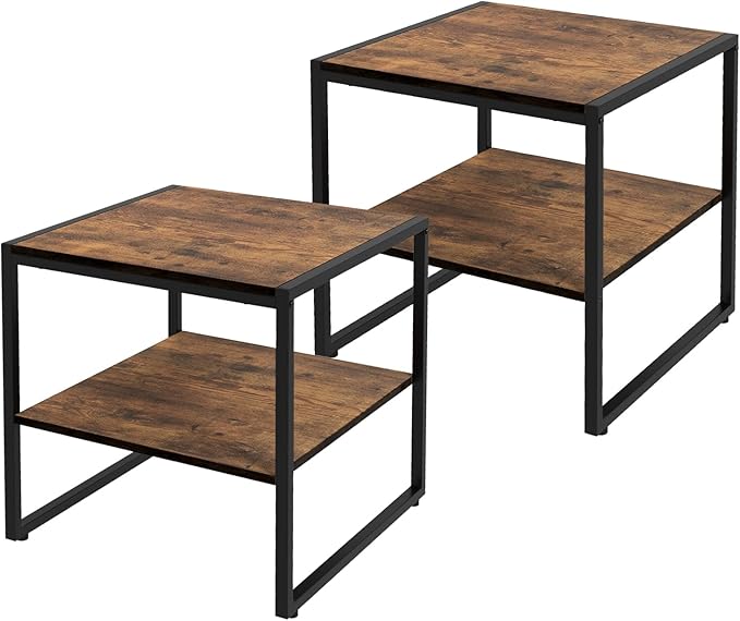 GOFLAME Square End Table Set of 2, 2-Tier Sofa Side Table with Open Shelf, Metal Frame, Industrial Tea Table, Compact Nightstand for Small Space, Bedside Table for Living Room, Bedroom, Rustic Brown