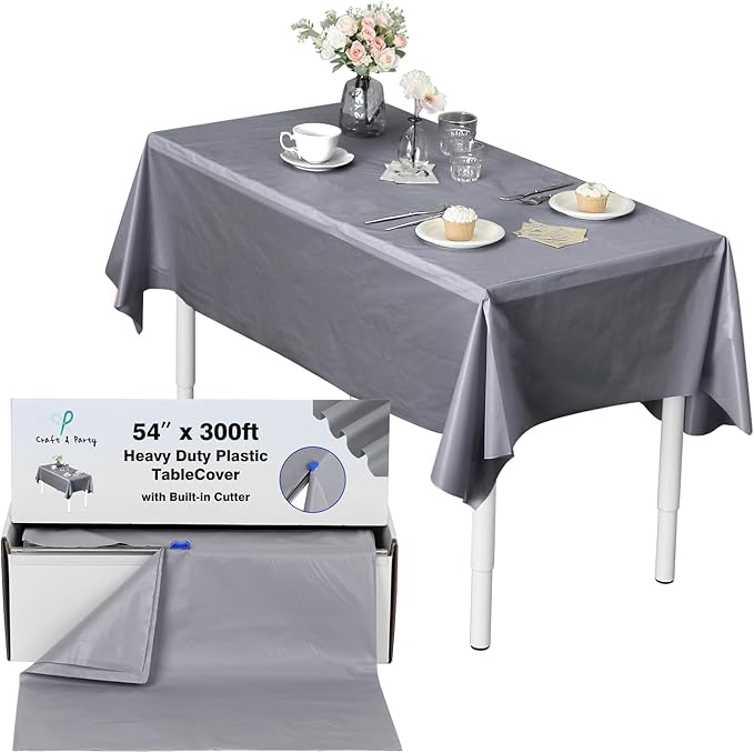 Craft And Party, 54 in x 300 feet Plastic Table Cover Roll for Party, Banquet, Picnic, Kids Activities for Any Size and Shape Table (Silver, 54" x 300ft)