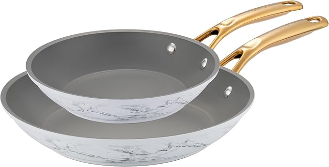 Frying Pan Nonstick Set 2 Piece, 8&10 Inch Skillet Easy to Clean, Kitchen Fry Pan without PTFE & PFOA, Compatible with All Stovetops, Lightweight and Durable, Marble White