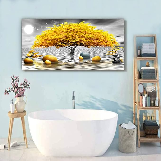 Wapluam Large Canvas Wall Art for Living Room Office Bedroom Decor - Black and White Framed Painting With Yellow Tree View - Home Decoration Artwork Prints 24"X48"