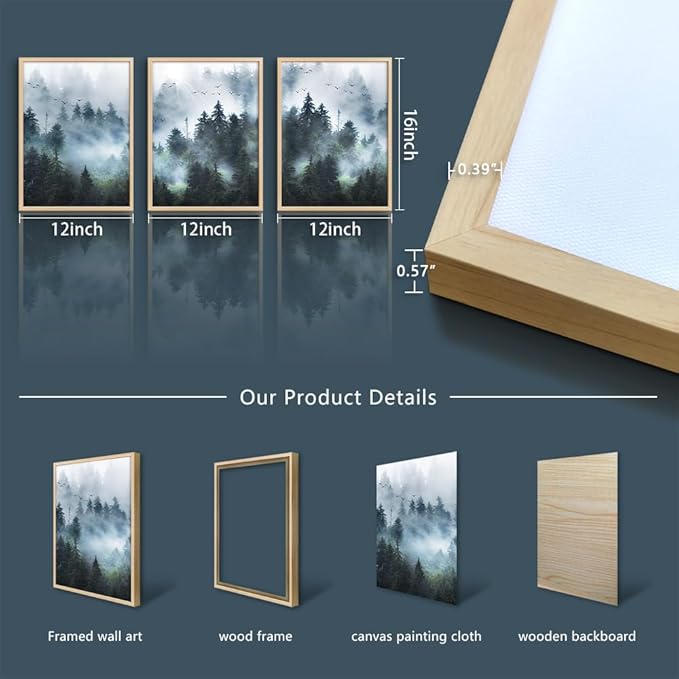 Framed Canvas Wall Art For Living Room Family Wall Decorations For Bedroom Wall Decor Foggy Forest Trees Landscape Paintings Room Pictures Artwork Home Decor Canvas Art Prints(Natural Wood Framed)