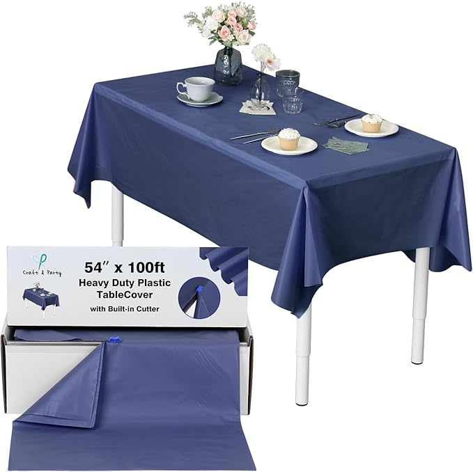 Craft And Party, 54 in x 100 feet Plastic Table Cover Roll for Party, Banquet, Picnic, Kids Activities for Any Size and Shape Table (Navy Blue, 54" x 100ft)