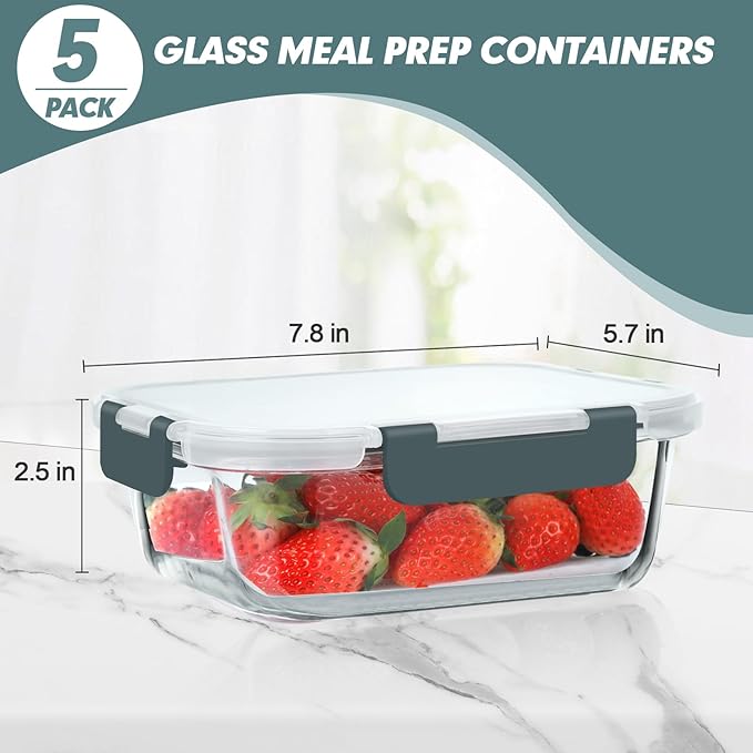 30 oz 5 Pack Glass Meal Prep Containers, Glass Storage Containers with Lids - Dishwahser, Microwave, Oven and Freezer Safe