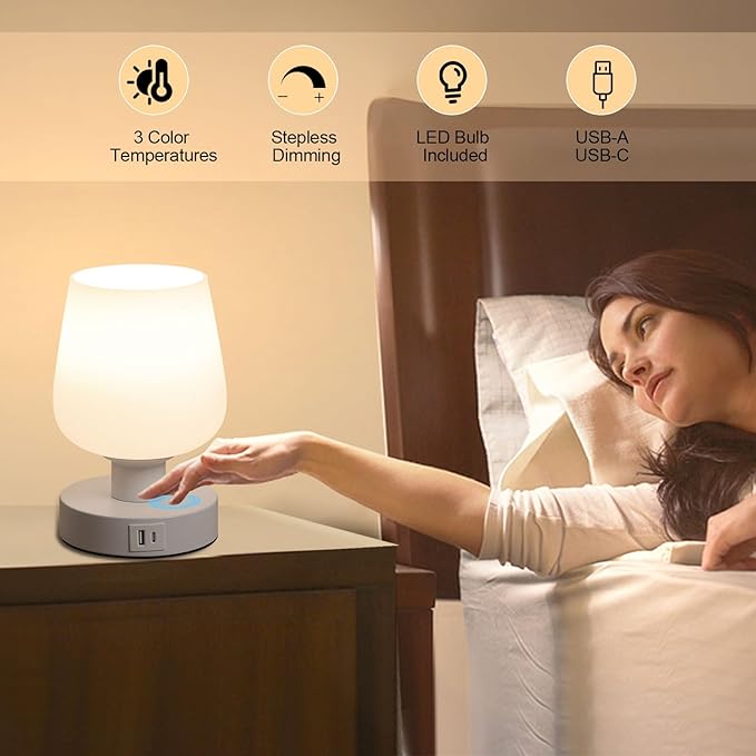 Touch Bedside Table Lamp with USB A+C Ports, Dimmable Small Table Lamp for Bedroom with White Opal Glass Lamp Shade and LED Bulb, Modern Nightstand Lamps, Desk Lamp with Plug for Living Room