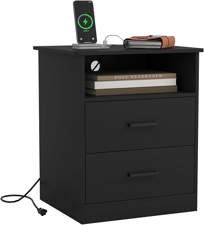 Night Stand with Charger Station, Modern Nightstand with USB Type-C Ports and AC Outlets, Large Bedside Table with 2 Drawers and Open Storage, Wooden End Table for Bedroom (Black, 2 Drawers)
