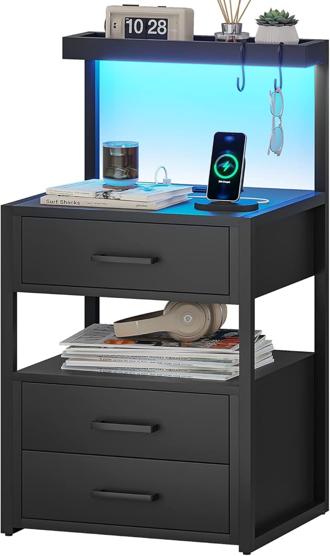Nightstand with Charging Station and LED Lights, LED Night Stand with 2 USB Ports and 2 AC Outlets, Modern End Table with 3 Drawers, Bedside Table with Open Storage for Bedroom, Black
