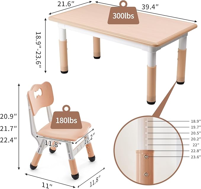 Unicoo Kids Table and Chairs Set, Height Adjustable Multi-Activity Preschool Table with Graffiti Desktop for Ages 2-8 Versatile Kids Tables for Play, Learning, and Creativity(Maple Top/Natural Border)