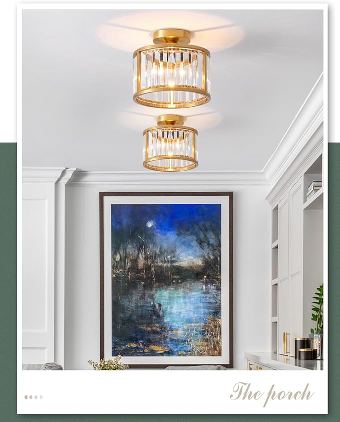 Black Flush Mount Ceiling Light, 2- Light Caged Crystal Chandelier, Small Drum Hallway Light fixtures Ceiling Mount (8.6 INCH Brass Gold(1-Light))