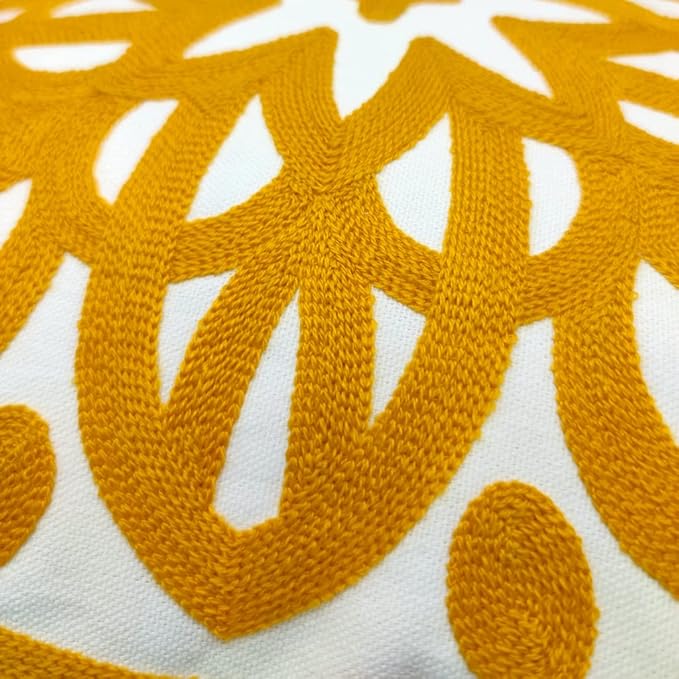 Alysheer Embroidered Decorative Throw Pillow Cover 18x18 inch, Cozy Warm Mandala Knit Pattern, Soft 100% Cotton Canvas Mustard Yellow Cushion Case for Sofa Couch Living Room Gifts (Gold)