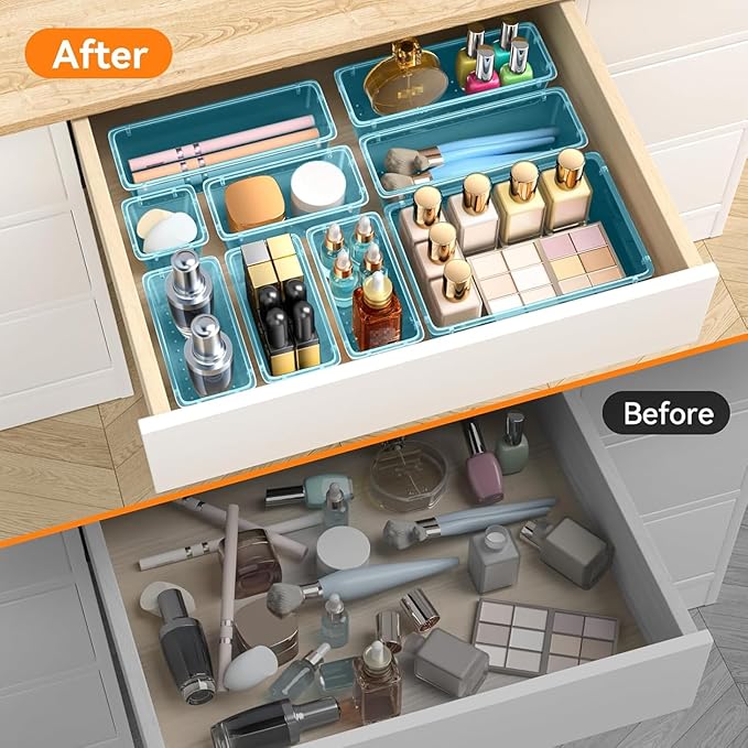 WOWBOX 44 PCS Clear Plastic Drawer Organizer Set, 6 Varied Size storage Bins and Desk Drawer Organizer Trays for Makeup, Gadgets, Jewelry and Utensils in Bathroom, Bedroom and Office, Clear Sea Blue