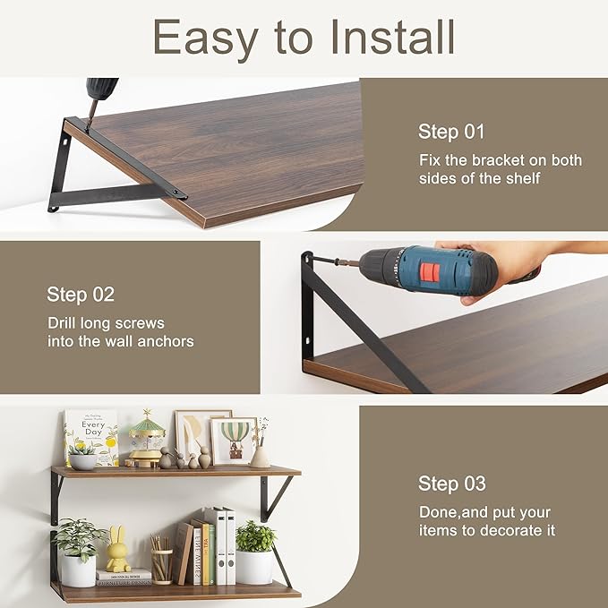 36"W x 12"D Floating Shelves, Walnut Deep Floating Shelves for Wall with Brackets, 12 Inch Deep Wall Shelves for Books, Wide Display Storage Shelves for Bathroom, Living Room, 36 Inch Long, Set of 2