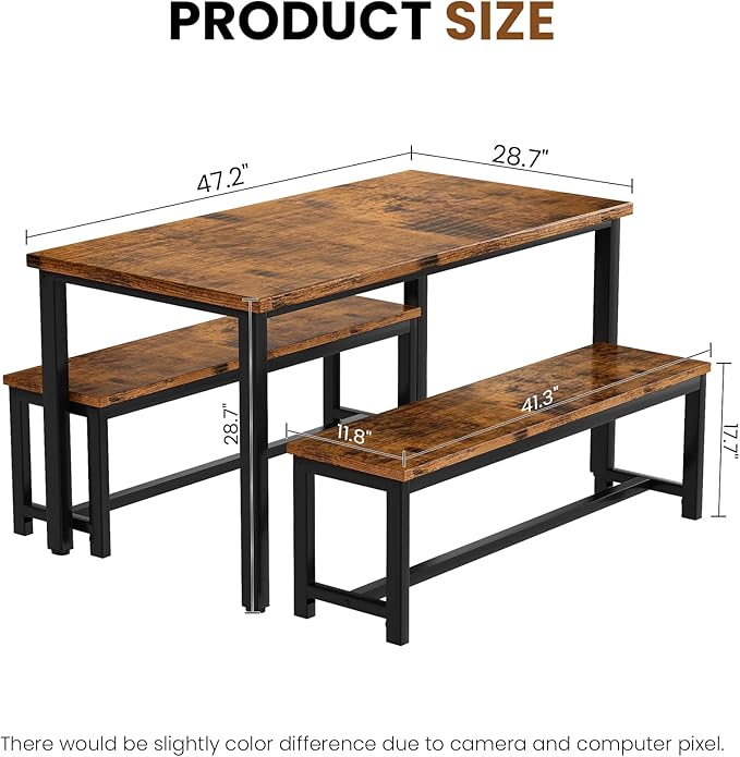 AWQM Dining Room Table Set, Kitchen Table Set with 2 Benches, Ideal for Home, Kitchen and Dining Room, Breakfast Table of 47.2x28.7x28.7 inches, Benches of 40.5x11.0x17.7 inches, Rustic Brown