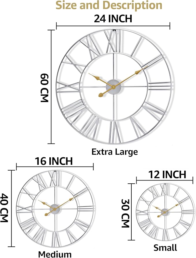 Sorbus Large Wall Clock for Living Room Decor – Easy to Hang 12-Inch Big Wall Clock – Metal Wall Art for Kitchen, Bedroom, Home, Office – Analog Decorative Wall Clock (Silver)