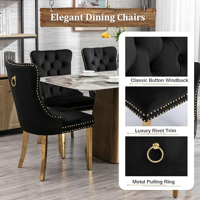 Goujxcy 68" Faux Marble Dining Table Set for 6, 7-Piece Dining Set with White Gold Kitchen Table and 6 Velvet Tufted Chairs, Modern Rectangular Dining Room Table with O-Shape Stainless Steel Base