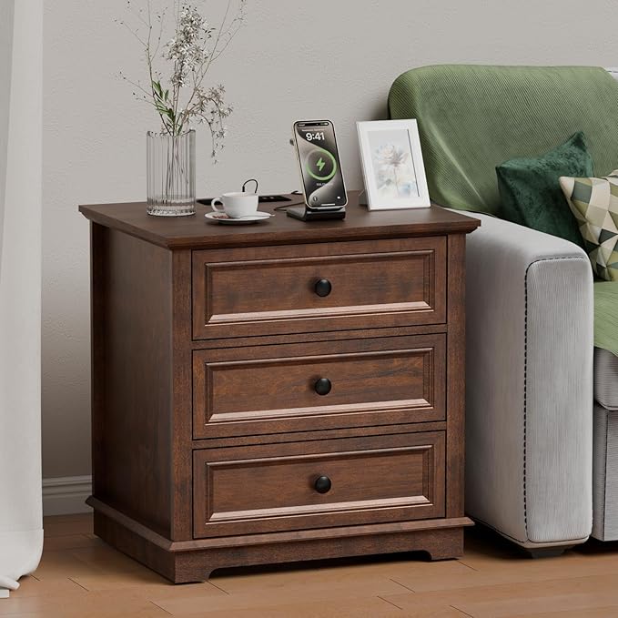 Nightstand with Charging Station, 24” Wide End Table with 3 Drawers, Modern Bedside Table with Storage, Wood Small Dresser for Bedroom Living Room. (Cherry)