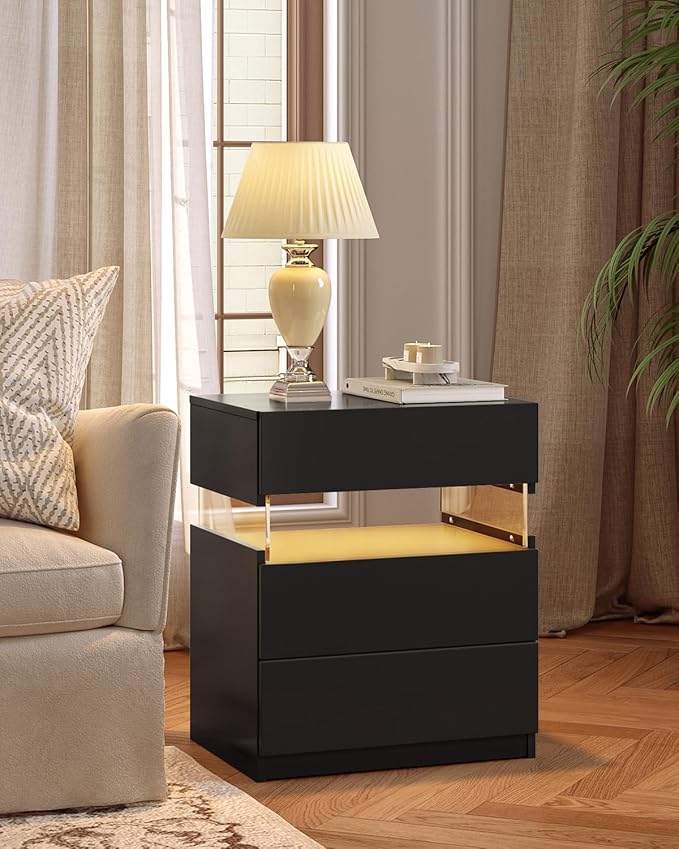 Bingoday LED Nightstand 3 Drawers Nightstand with LED Lights Tall Nightstand for Bedroom LED Bedside Tables for Bedroom Living Room