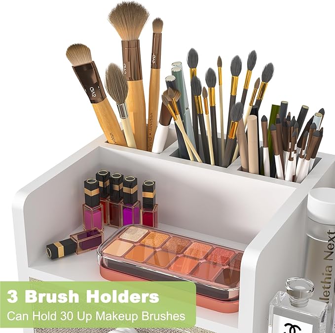 Bamboo Makeup Organizer Countertop With Brush Holder Drawer For Vanity,Large Bathroom Counter Organizers And Storage,Cosmetic Skincare Perfume Organizer,Easy To Store Nail Polish, Lipstick, Eyeshadow