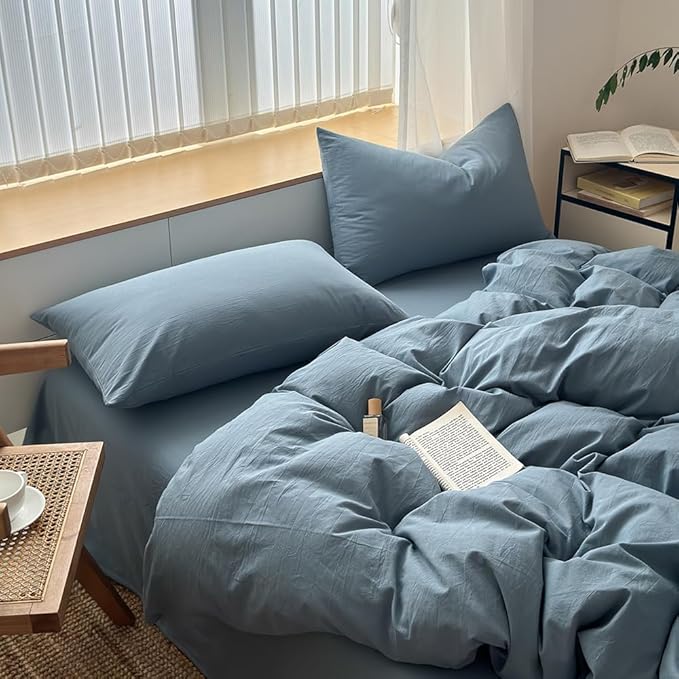 FACE TWO FACE Bedding Duvet Cover Set100% Washed Cotton Duvet Cover Linen Like Textured Breathable Durable Soft Comfy (California King, Deep Gray Blue)