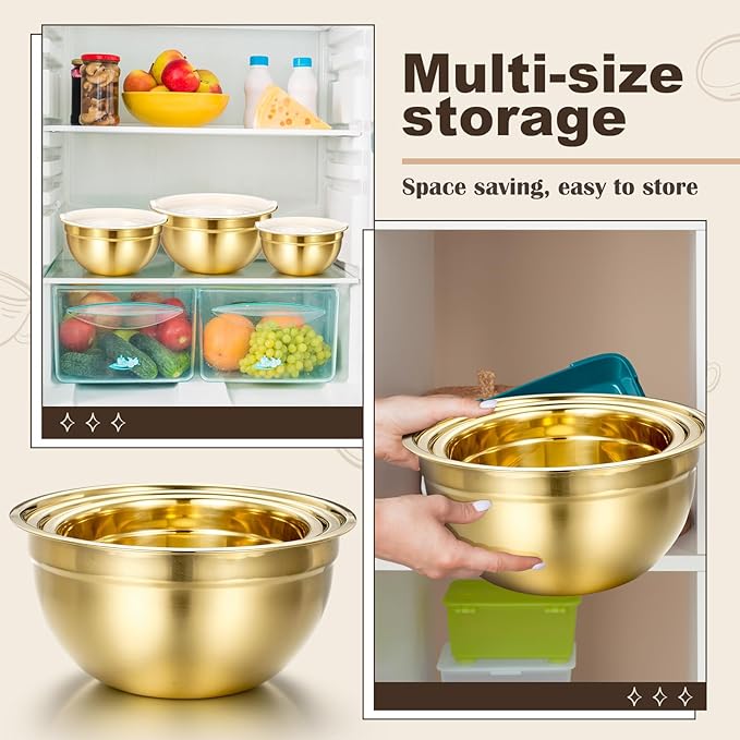 Baderke 7 Pcs Gold Kitchen Accessories Includes Stainless Steel Colander with Handles, 3 Gold Mixing Bowls with Airtight Lids and 3 Fine Mesh Strainer (Colander: 5 Qt, Mixing Bowls: 1.5/2/3 Qt)