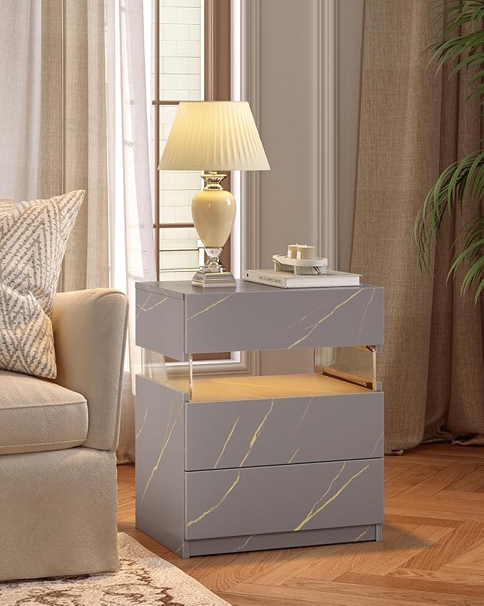 Bingoday LED Nightstands LED Bedside Tables with 3 Drawers Night Stand with Acrylic Board Modern LED Nightstand