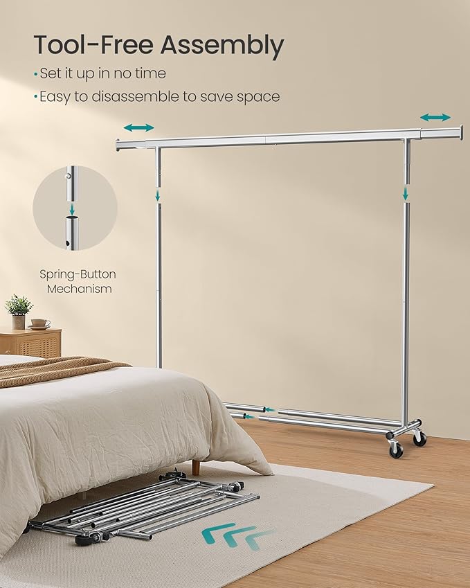 SONGMICS Clothes Rack with Wheels, Heavy-Duty Clothing Rack for Hanging Clothes, Portable, 17.7 x (63-78.7) x 63.6 Inches, with Extendable Rail, 330 lb Load Capacity, Silver UHSR175E01