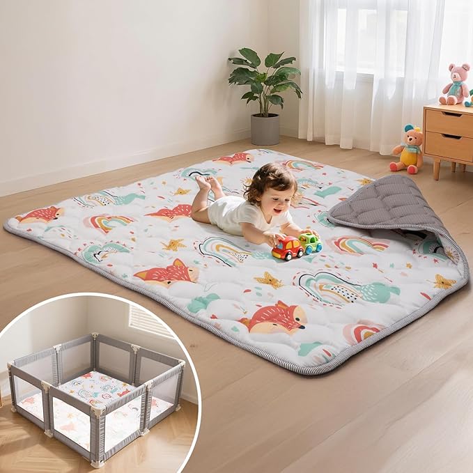 Baby Play Mat for Floor,50x50 Inch Soft Padding Crawling Mat for Playpen, Foldable and Machine Washable, Thick for Babies & Toddlers,Rainbow Fox