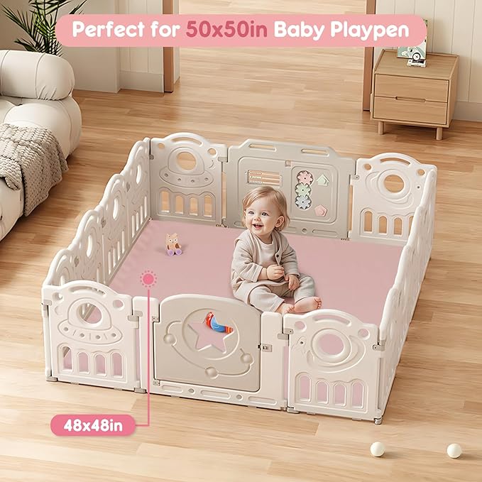 Padded Baby Play Mat, Super Soft Vegan Leather Floor Mat for Baby Girls and Boys, 48x48 Non-Slip Thick Foam Cushioned Play Mat for Babies 6-12 Months, Fits Nicely Into 50x50 Playpen Mat, Pink