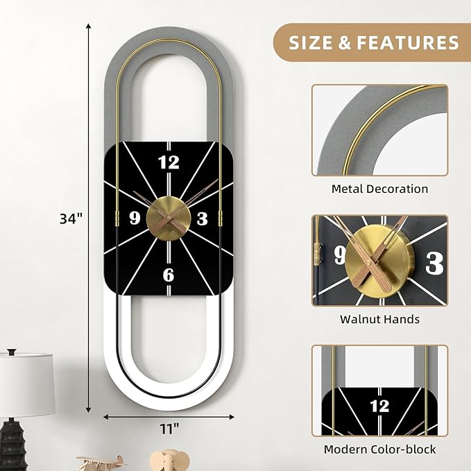 34x11 Inch Modern Wall Clock Battery Operated, Silent Non-Ticking Decorative Clocks for Living Room, Bedroom, Kitchen, Office Home Décor