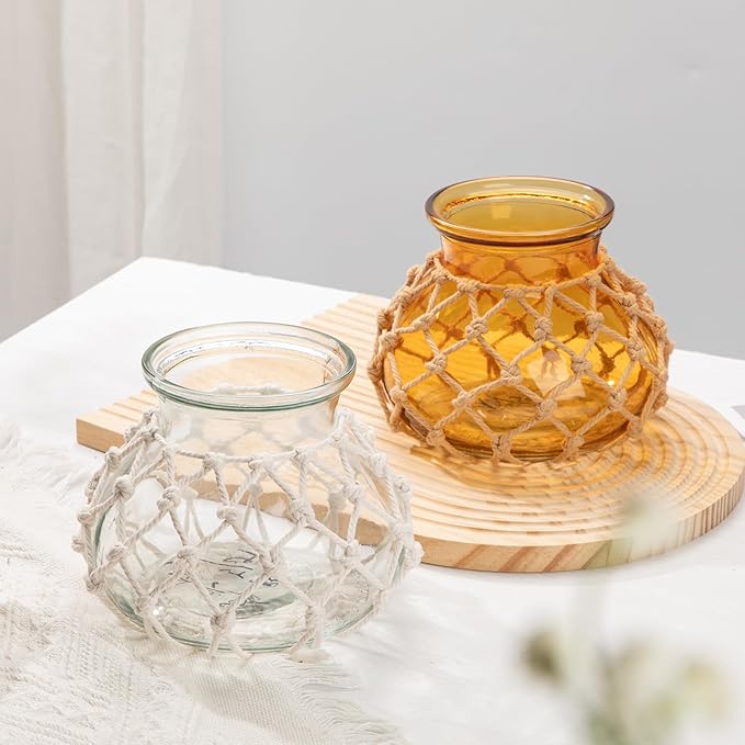 Hollyone Amber Glass Vase with Cotton Rope Cover Woven Round Glass Vase Decorative Flower Bottle Modern Vase for Table Centerpiece Farmhouse Wedding Home Decor