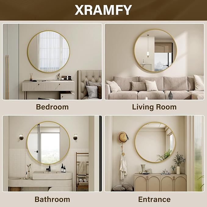 40 Inch Round Mirror - Circle Mirrors for Bathroom, Entryway and Living Room Wall Decor, Modern Hanging Vanity Mirror, Matte Gold Circle Decorative Wall Mirror