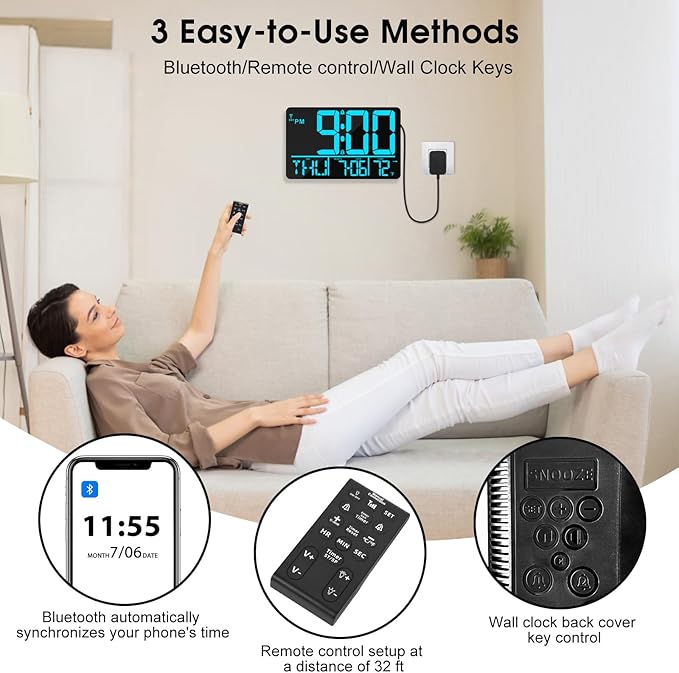 13" Bluetooth Auto Sync Wall Clock - Large Digital Alarm Clock with Remote, 25 Ringtones, Dual Alarm, Adjustable Brightness, 12/24H, Auto DST, for Living Room, Kitchen, Office, Elderly(Blue)