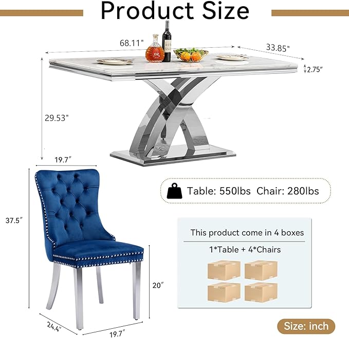 Goujxcy 68" Marble Dining Table Set for 4, Modern Rectangle Dining Room Table Set for 4, Luxury White Silver Marble Kitchen Table and Chairs Set of 4 for Living Room,Kitchen