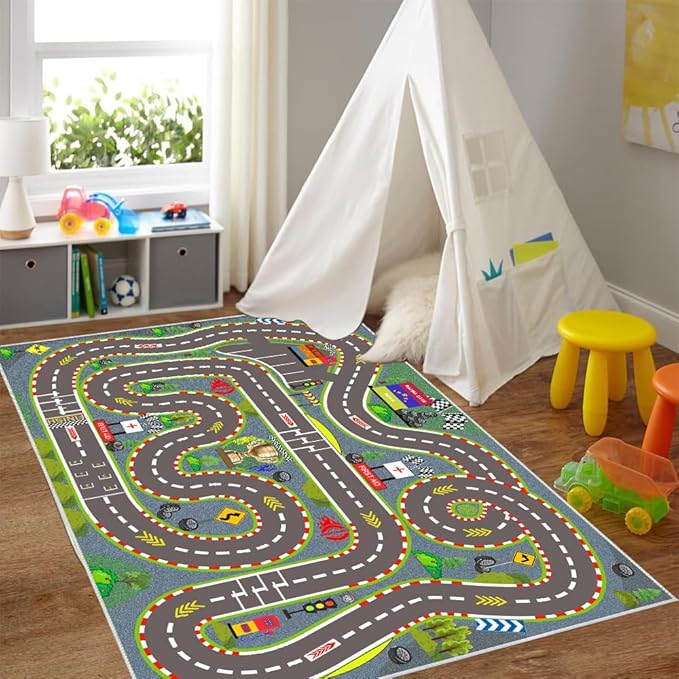 Kids Rug, Race Track Playmat Rugs 94×63 in Kids Carpet with Rubber Backing, Start and Finish line Racing Track Marking Car Road Race 3D Play Mat Nursery Rugs for Children Bedroom Playroom