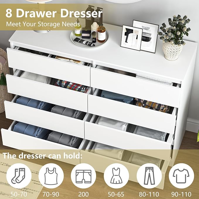 White Dresser for Bedroom,Modern Large 8 Drawer Dresser with Deep Drawer,Wide Storage Chest of Drawer for Closet, Bedroom Storage Furniture,TV Stand for Living Room