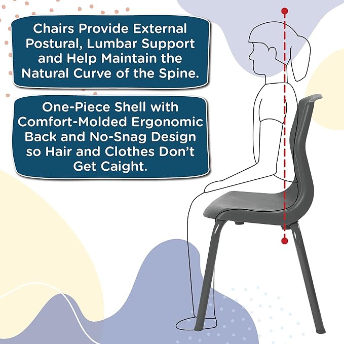 Children’s Factory MyPosture Plus 8" Chair, Blue with Chrome Legs, 2 Pack, Stackable Ergonomic Seating Solution for Classrooms and Homeschools